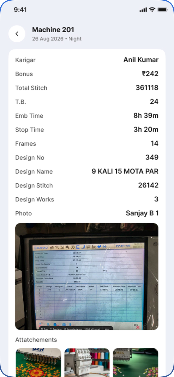 A production entry filled from a scanned machine panel, with the source photo and attachments kept underneath